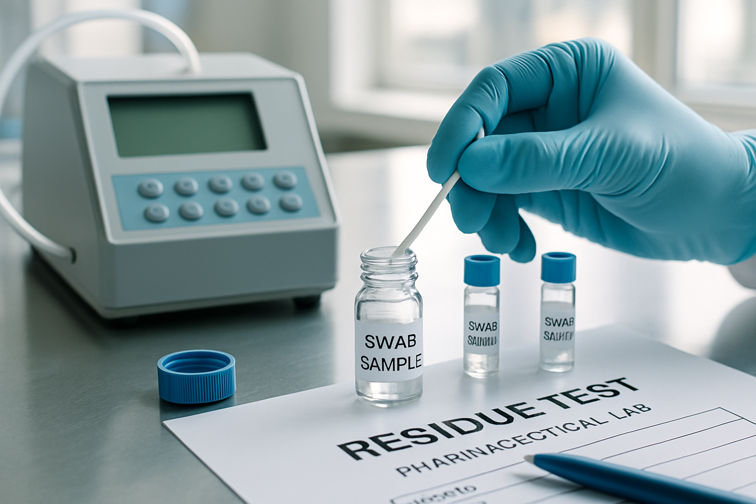 Analytical equipment for measuring residue levels in a pharmaceutical laboratory.