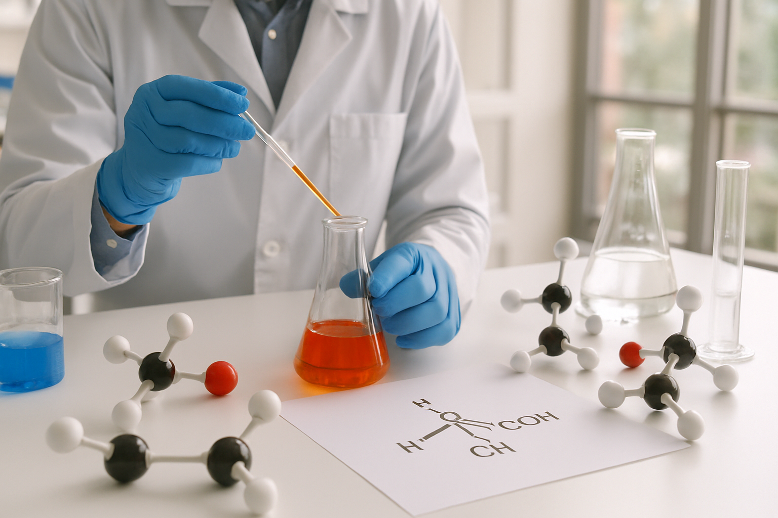 Chemist studying molecular models in a laboratory focused on stereochemistry.