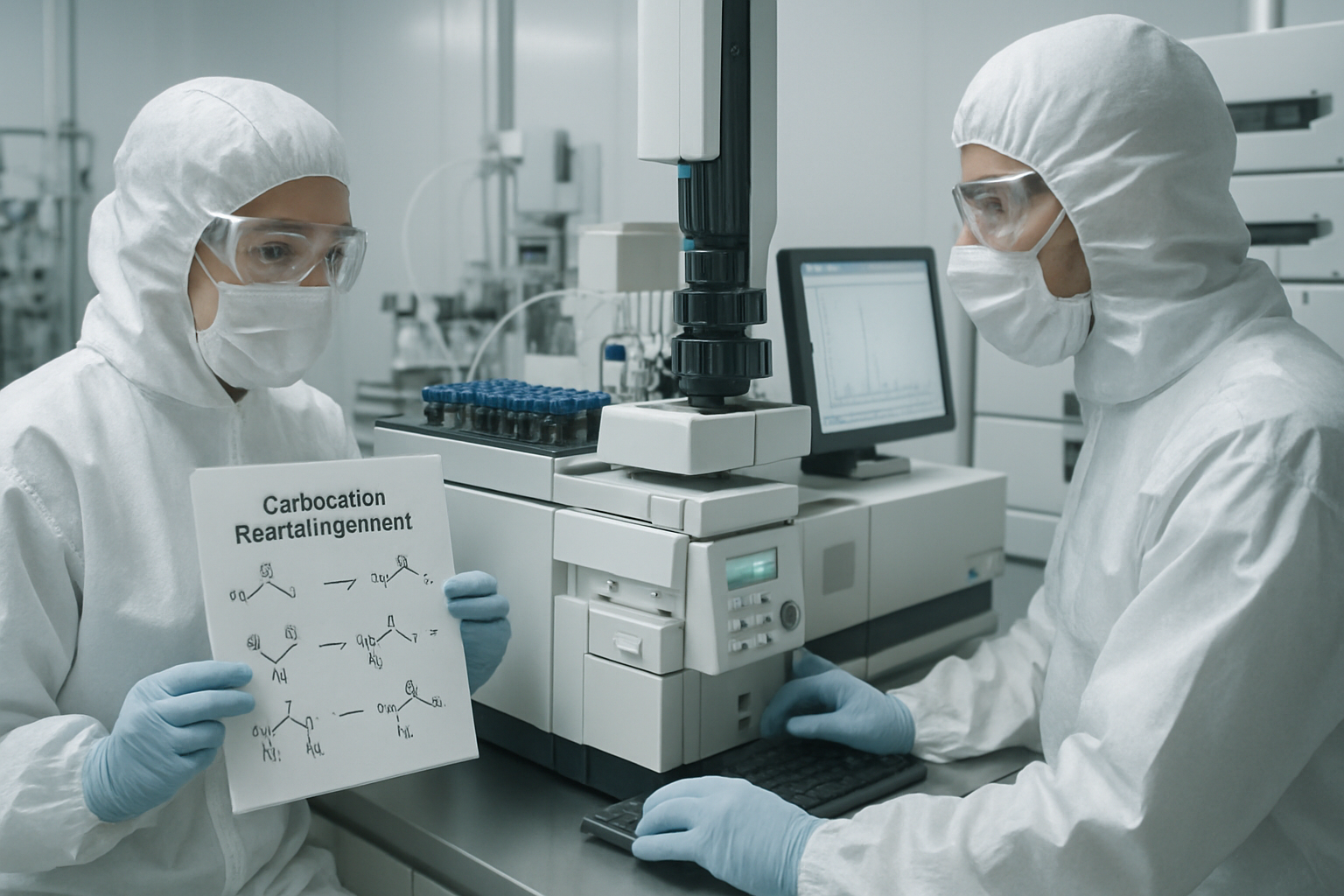 Scientists analyzing carbocation rearrangement mechanisms in a cleanroom.