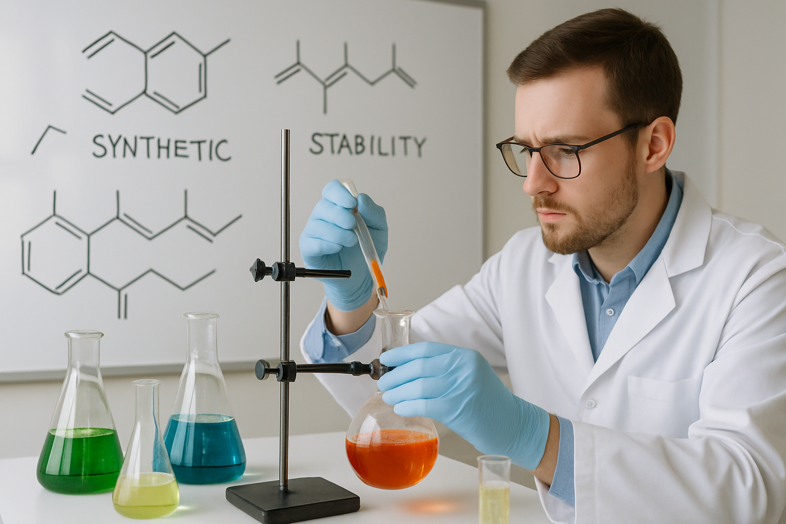 Chemist conducting experiments with conjugated dienes in a laboratory.