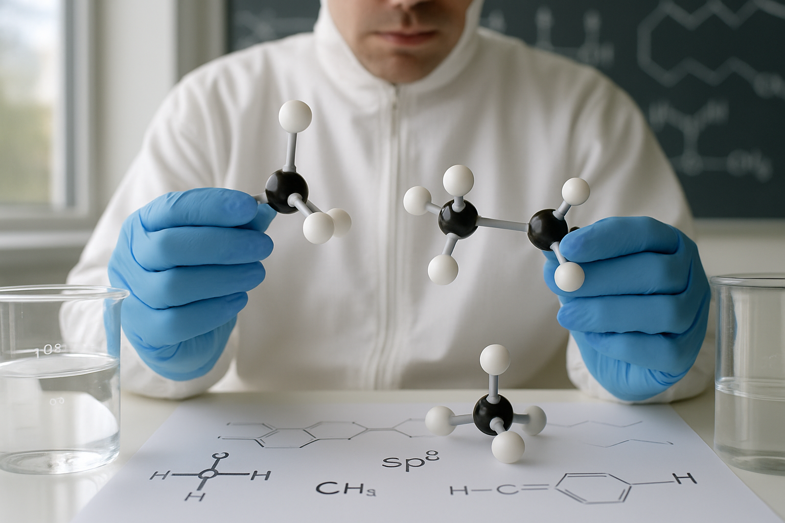 Laboratory setup illustrating sp3 hybridization with molecular models of alkanes.