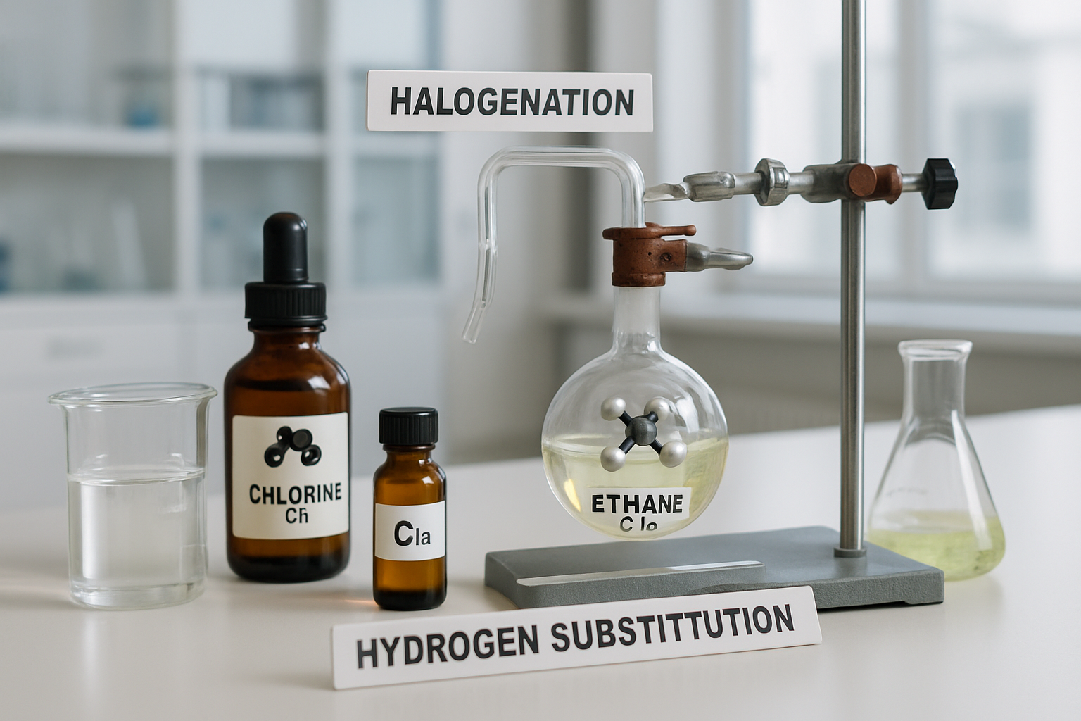 Laboratory setup for halogenation process with ethane and chlorine gas.