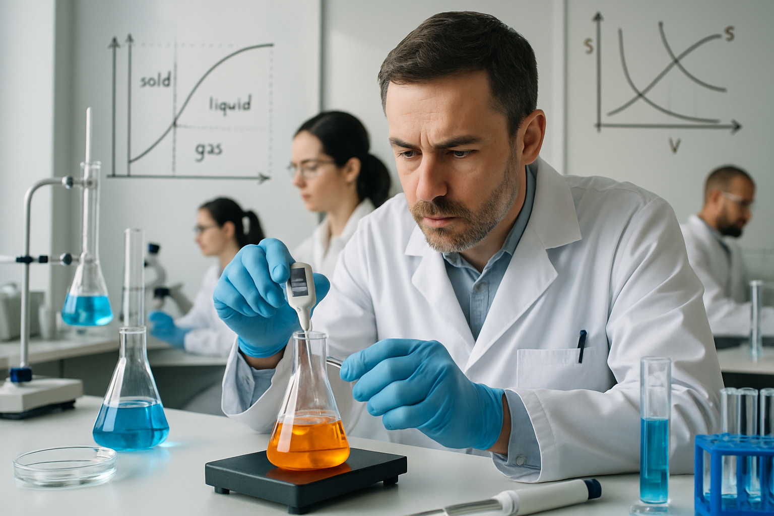 Scientists in a pharmaceutical lab measuring chemical reactions related to thermodynamics.